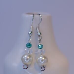 White and Teal Pearlescent Beaded Earrings
